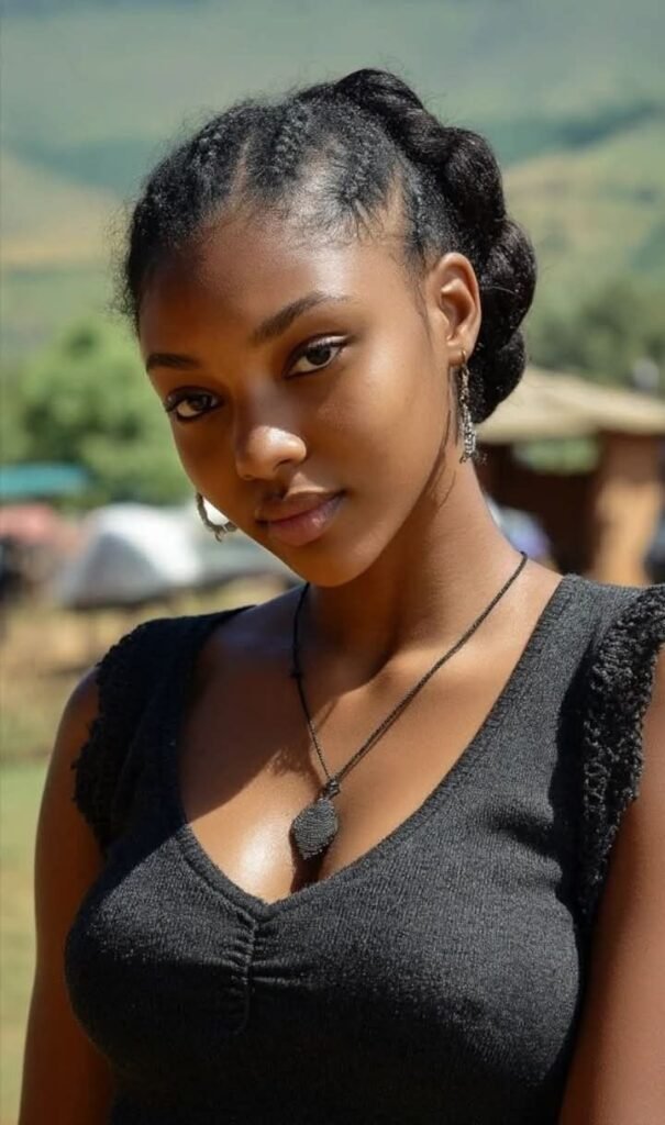 Beautiful black woman with braided hair and soft expression – Layla, adult phone chat operator in Norwich, UK, wearing a black top outdoors.