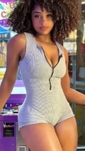 Curvy Caribbean girl with natural curly hair in a zip-up grey romper, posing in front of a game machine — Imani Rose, adult phone chat in Leeds