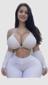 Valentina Cruz in a tight white outfit highlighting her curves and cleavage