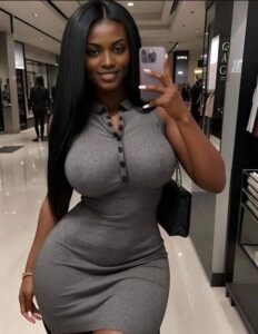 Ebony bombshell in tight grey dress taking mirror selfie