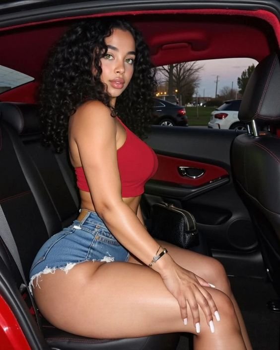 Curvy Latina beauty in red top and denim shorts inside car