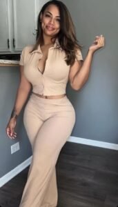 Curvy brunette woman in beige outfit posing with a seductive smile