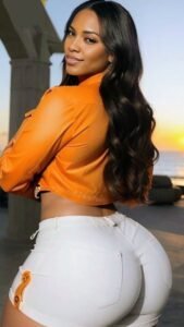 Selena Blaze – Curvy Caribbean woman in white shorts and orange top posing at sunset in London