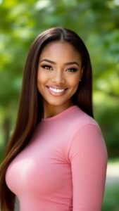 Ebony goddess with radiant smile in pink top